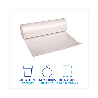 Boardwalk High-Density Can Liners, 60 gal, 14 mic, 38" x 58", Natural, Perforated Roll, 25 Bags/Roll, 8 Rolls/Carton (BWK386016)
