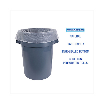 Boardwalk High-Density Can Liners, 45 gal, 10 mic, 40" x 46", Natural, Perforated Roll, 25 Bags/Roll, 10 Rolls/Carton (BWK404612)