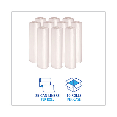 Boardwalk High-Density Can Liners, 45 gal, 13 mic, 40" x 46", Natural, Perforated Roll, 25 Bags/Roll, 10 Rolls/Carton (BWK404616)