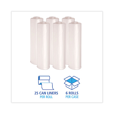 Boardwalk High-Density Can Liners, 45 gal, 19 mic, 40" x 46", Natural, Perforated Roll, 25 Bags/Roll, 6 Rolls/Carton (BWK404622)