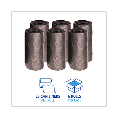 Boardwalk High-Density Can Liners, 45 gal, 19 mic, 40" x 46", Black, Perforated Roll, 25 Bags/Roll, 6 Rolls/Carton (BWK404622BLK)
