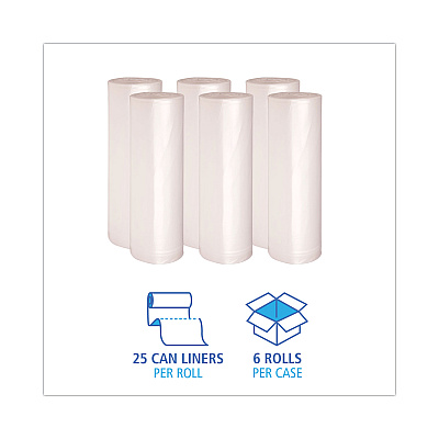 Boardwalk High-Density Can Liners, 56 gal, 19 mic, 43" x 47", Natural, Perforated Roll, 25 Bags/Roll, 6 Rolls/Carton (BWK434722)