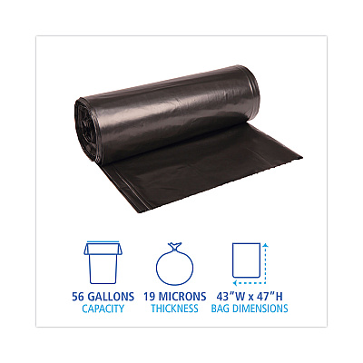 Boardwalk High-Density Can Liners, 56 gal, 19 mic, 43" x 47", Black, Perforated Roll, 25 Bags/Roll, 6 Rolls/Carton (BWK434722BLK)