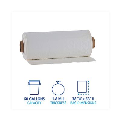 Boardwalk Industrial Drum Liners Rolls, 60 gal, 1.8 mil, 38" x 63", Clear, 75/Carton (BWKD38633CL)