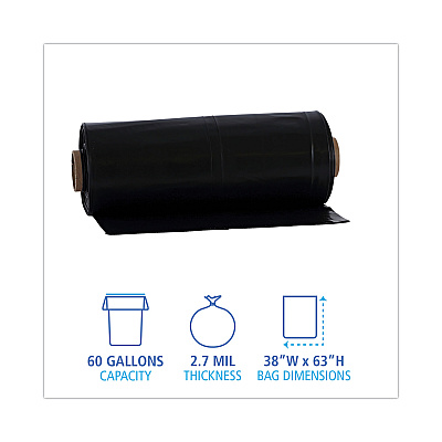Boardwalk Industrial Drum Liners Rolls, 60 gal, 2.7 mil, 38" x 63", Black, 50/Carton (BWKD38634BN)