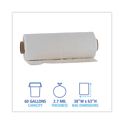 Boardwalk Industrial Drum Liners Rolls, 60 gal, 2.7 mil, 38" x 63", Clear, 50/Carton (BWKD38634CL)