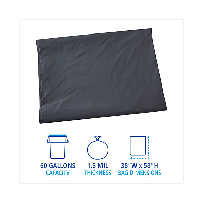 Boardwalk Linear Low Density Industrial Can Liners, 60 gal, 1.3 mil, 38" x 58", Gray, Flat Pack, 100/Carton (BWKG3858G)