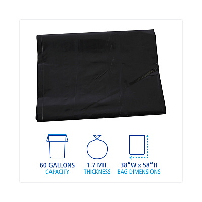 Boardwalk Linear Low Density Industrial Can Liners, 60 gal, 1.7 mil, 38" x 58", Black, Flat Pack, 100/Carton (BWKG3858HBL)