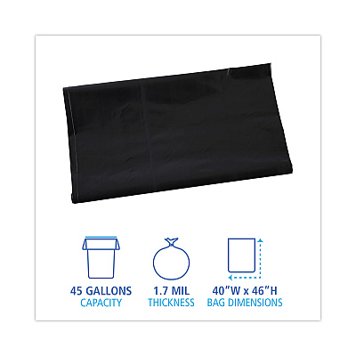 Boardwalk Linear Low Density Industrial Can Liners, 45 gal, 1.7 mil, 40" x 46", Black, Flat Pack, 100/Carton (BWKG4046HBL)
