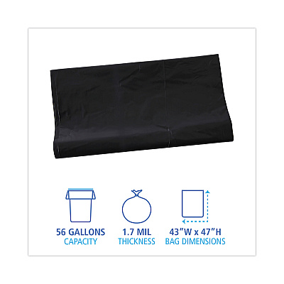 Boardwalk Linear Low Density Industrial Can Liners, 56 gal, 1.7 mil, 43" x 47", Black, Flat Pack, 100/Carton (BWKG4347HBL)