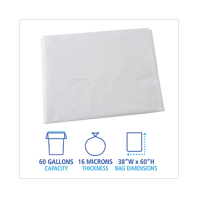 Boardwalk High Density Industrial Can Liners Flat Pack, 60 gal, 16 mic, 38" x 60", Natural, Flat Pack, 100/Carton (BWKH3860S)