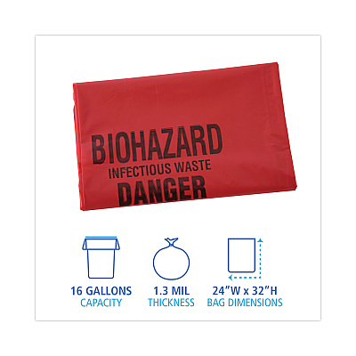 Boardwalk Linear Low Density Health Care Trash Can Liners, 16 gal, 1.3 mil, 24" x 32", Red, Flat Pack, 250/Carton (BWKIW2432R)