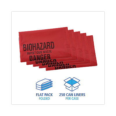 Boardwalk Linear Low Density Health Care Trash Can Liners, 16 gal, 1.3 mil, 24" x 32", Red, Flat Pack, 250/Carton (BWKIW2432R)