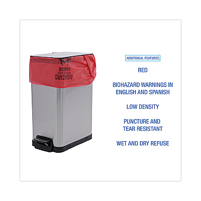 Boardwalk Linear Low Density Health Care Trash Can Liners, 16 gal, 1.3 mil, 24" x 32", Red, Flat Pack, 250/Carton (BWKIW2432R)