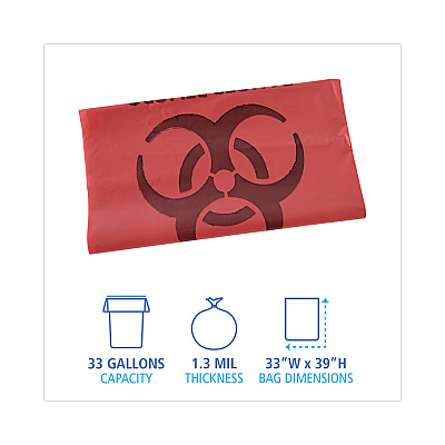 Boardwalk Linear Low Density Health Care Trash Can Liners, 33 gal, 1.3 mil, 33" x 39", Red, Flat Pack, 150/Carton (BWKIW3339R)