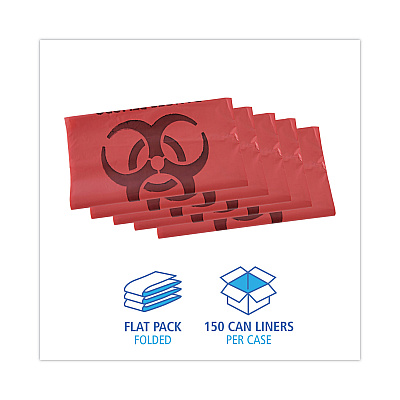 Boardwalk Linear Low Density Health Care Trash Can Liners, 33 gal, 1.3 mil, 33" x 39", Red, Flat Pack, 150/Carton (BWKIW3339R)