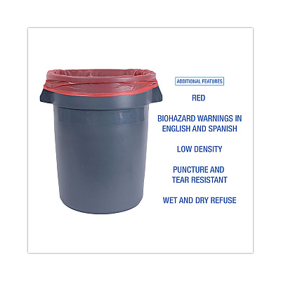 Boardwalk Linear Low Density Health Care Trash Can Liners, 33 gal, 1.3 mil, 33" x 39", Red, Flat Pack, 150/Carton (BWKIW3339R)