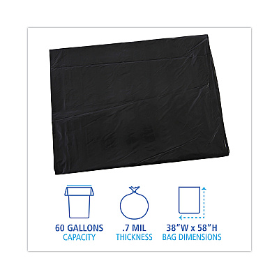 Boardwalk Linear Low Density Industrial Can Liners, 60 gal, 0.7 mil, 38" x 58", Black, Flat Pack, 100/Carton (BWKL3858H)