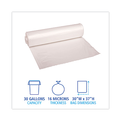 Boardwalk High Density Industrial Can Liners Coreless Rolls, 30 gal, 16 mic, 30" x 37", Natural, Perforated, 25 Bags/Roll, 20 Rolls/CT (BWKRH3037S)