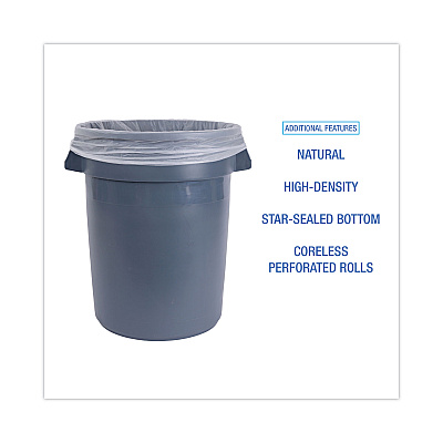 Boardwalk High Density Industrial Can Liners Coreless Rolls, 30 gal, 16 mic, 30" x 37", Natural, Perforated, 25 Bags/Roll, 20 Rolls/CT (BWKRH3037S)