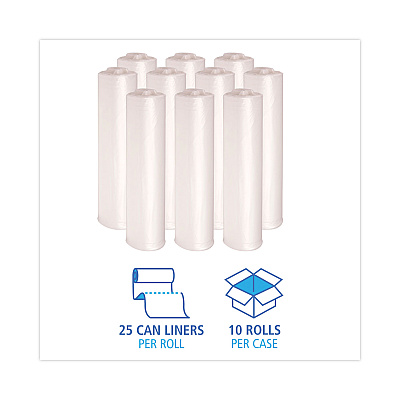Boardwalk High Density Industrial Can Liners Coreless Rolls, 33 gal, 16 mic, 33" x 40", Natural, Perforated, 25 Bags/Roll, 10 Rolls/CT (BWKRH3340S)