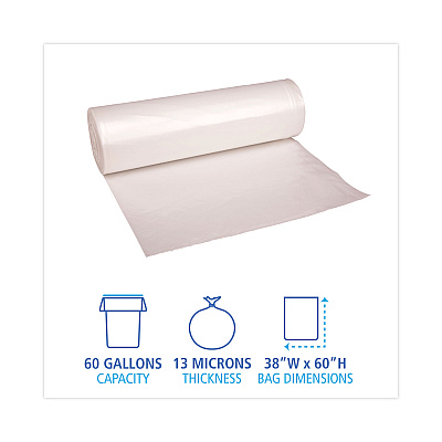 Boardwalk High Density Industrial Can Liners Coreless Rolls, 60 gal, 13 mic, 38" x 60", Natural, Perforated, 25 Bags/Roll, 8 Rolls/CT (BWKRH3860H)