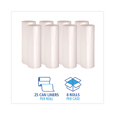 Boardwalk High Density Industrial Can Liners Coreless Rolls, 60 gal, 13 mic, 38" x 60", Natural, Perforated, 25 Bags/Roll, 8 Rolls/CT (BWKRH3860H)