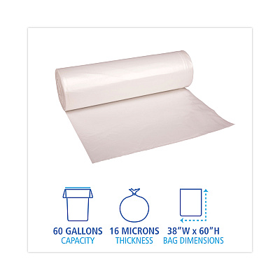 Boardwalk High Density Industrial Can Liners Coreless Rolls, 60 gal, 16 mic, 38" x 60", Natural, Perforated, 25 Bags/Roll, 8 Rolls/CT (BWKRH3860S)