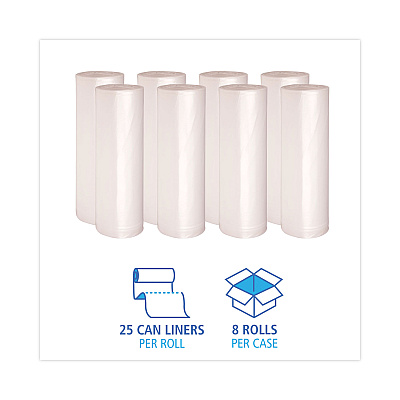 Boardwalk High Density Industrial Can Liners Coreless Rolls, 60 gal, 16 mic, 38" x 60", Natural, Perforated, 25 Bags/Roll, 8 Rolls/CT (BWKRH3860S)