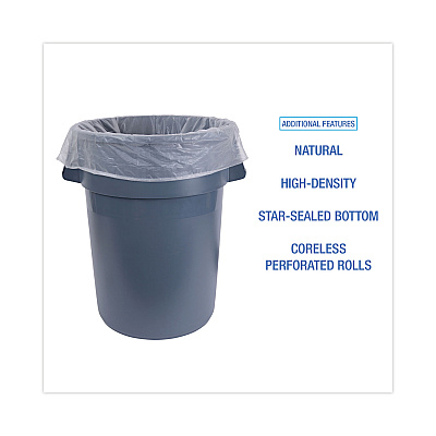 Boardwalk High Density Industrial Can Liners Coreless Rolls, 60 gal, 16 mic, 38" x 60", Natural, Perforated, 25 Bags/Roll, 8 Rolls/CT (BWKRH3860S)