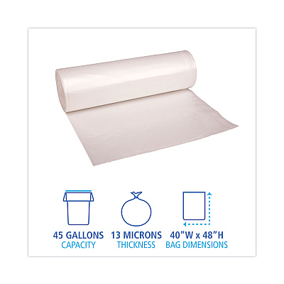 Boardwalk High Density Industrial Can Liners Coreless Rolls, 45 gal, 13 mic, 40" x 48", Natural, Perforated, 25 Bags/Roll, 10 Rolls/CT (BWKRH4048H)