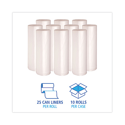 Boardwalk High Density Industrial Can Liners Coreless Rolls, 45 gal, 13 mic, 40" x 48", Natural, Perforated, 25 Bags/Roll, 10 Rolls/CT (BWKRH4048H)