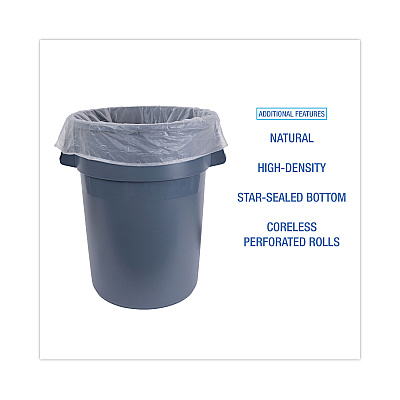 Boardwalk High Density Industrial Can Liners Coreless Rolls, 45 gal, 13 mic, 40" x 48", Natural, Perforated, 25 Bags/Roll, 10 Rolls/CT (BWKRH4048H)