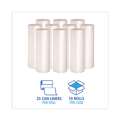 Boardwalk High Density Industrial Can Liners Coreless Rolls, 45 gal, 16 mic, 40" x 48", Natural, Perforated, 25 Bags/Roll, 10 Rolls/CT (BWKRH4048S)