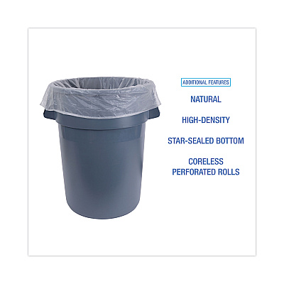 Boardwalk High Density Industrial Can Liners Coreless Rolls, 45 gal, 16 mic, 40" x 48", Natural, Perforated, 25 Bags/Roll, 10 Rolls/CT (BWKRH4048S)
