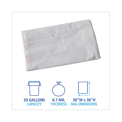 Boardwalk Linear Low Density Industrial Can Liners, 30 gal, 0.7 mil, 30" x 36", White, Flat Pack, 200/Carton (BWKVW3036X)