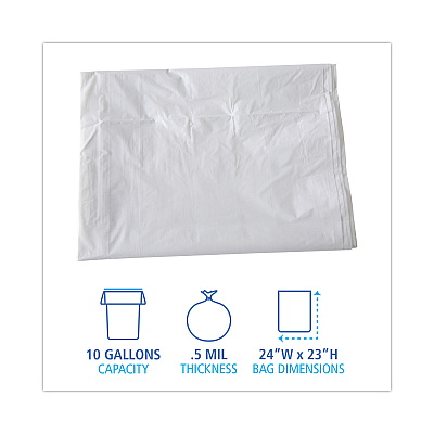 Boardwalk Linear Low Density Industrial Can Liners, 10 gal, 0.5 mil, 24" x 23", White, Flat Pack, 500/Carton (BWKW2423X)