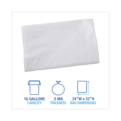 Boardwalk Linear Low Density Industrial Can Liners, 16 gal, 0.5 mil, 24" x 32", White, Flat Pack, 500/Carton (BWKW2432X)