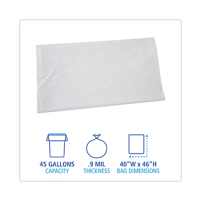 Boardwalk Linear Low Density Industrial Can Liners, 45 gal, 0.9 mil, 40" x 46", White, Flat Pack, 100/Carton (BWKW4046X)