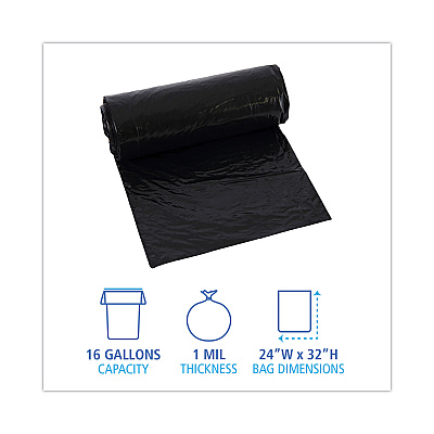 Boardwalk Low-Density Waste Can Liners, 16 gal, 1 mil, 24" x 32", Black, Perforated Roll, 10 Bags/Roll, 15 Rolls/Carton (BWK510)