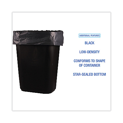 Boardwalk Low-Density Waste Can Liners, 16 gal, 1 mil, 24" x 32", Black, Perforated Roll, 10 Bags/Roll, 15 Rolls/Carton (BWK510)