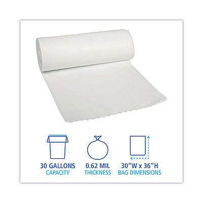 Boardwalk Low-Density Waste Can Liners, 30 gal, 0.5 mil, 30" x 36", White, Perforated Roll, 10 Bags/Roll, 20 Rolls/Carton (BWK511)