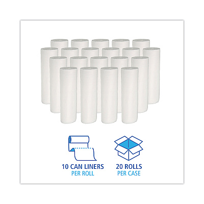 Boardwalk Low-Density Waste Can Liners, 30 gal, 0.5 mil, 30" x 36", White, Perforated Roll, 10 Bags/Roll, 20 Rolls/Carton (BWK511)