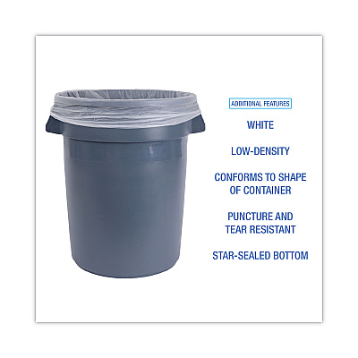 Boardwalk Low-Density Waste Can Liners, 30 gal, 0.5 mil, 30" x 36", White, Perforated Roll, 10 Bags/Roll, 20 Rolls/Carton (BWK511)