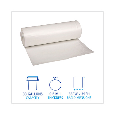 Boardwalk Low-Density Waste Can Liners, 33 gal, 0.6 mil, 33" x 39", White, Perforated Roll, 25 Bags/Roll, 6 Rolls/Carton (BWK512)