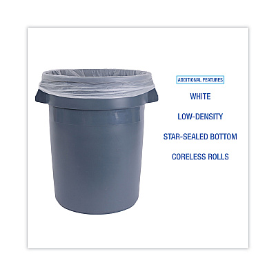 Boardwalk Low-Density Waste Can Liners, 33 gal, 0.6 mil, 33" x 39", White, Perforated Roll, 25 Bags/Roll, 6 Rolls/Carton (BWK512)