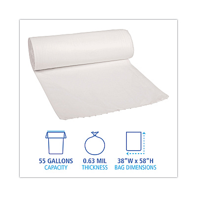 Boardwalk Low-Density Waste Can Liners, 55 gal, 0.5 mil, 38" x 58", White, Perforated Roll, 10 Bags/Roll, 10 Rolls/Carton (BWK515)