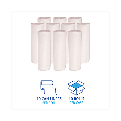 Boardwalk Low-Density Waste Can Liners, 55 gal, 0.5 mil, 38" x 58", White, Perforated Roll, 10 Bags/Roll, 10 Rolls/Carton (BWK515)