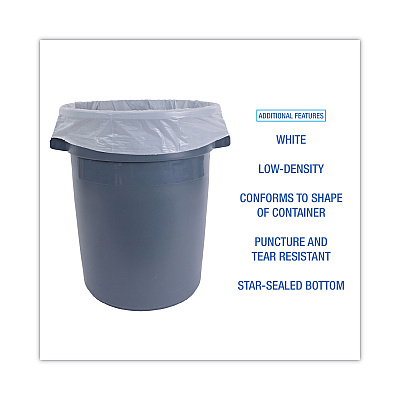 Boardwalk Low-Density Waste Can Liners, 55 gal, 0.5 mil, 38" x 58", White, Perforated Roll, 10 Bags/Roll, 10 Rolls/Carton (BWK515)