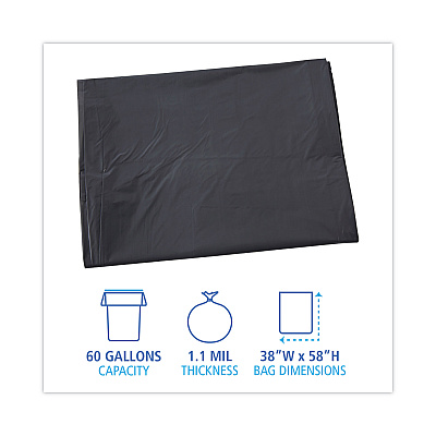 Boardwalk Linear Low Density Industrial Can Liners, 60 gal, 1.1 mil, 38" x 58", Gray, Flat Pack, 100/Carton (BWK3858GREY)
